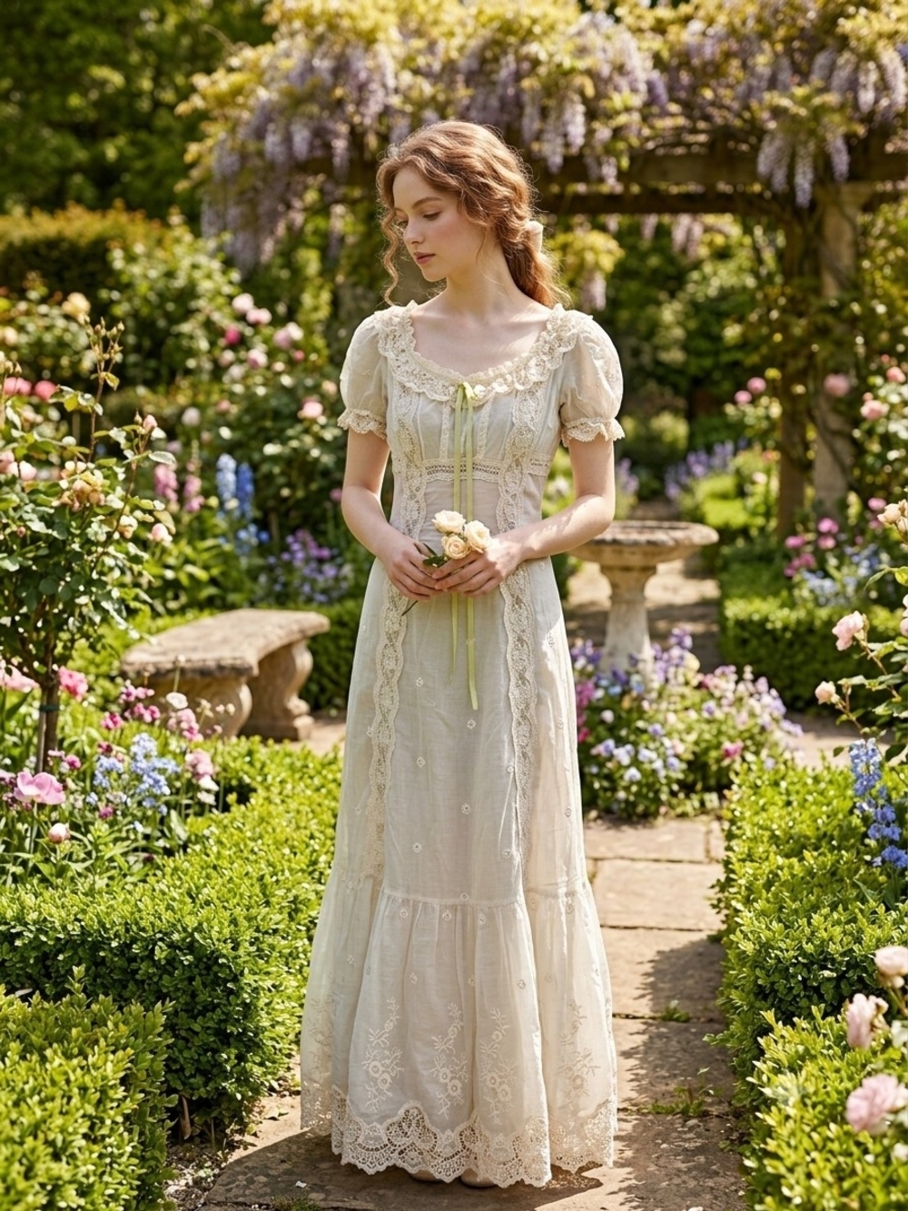 Lace-Trim Puff Sleeve Maxi Dress in Cream